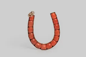 Victorian Era Extra Large Coral Lucky Horseshoe Pendant in 14k Gold