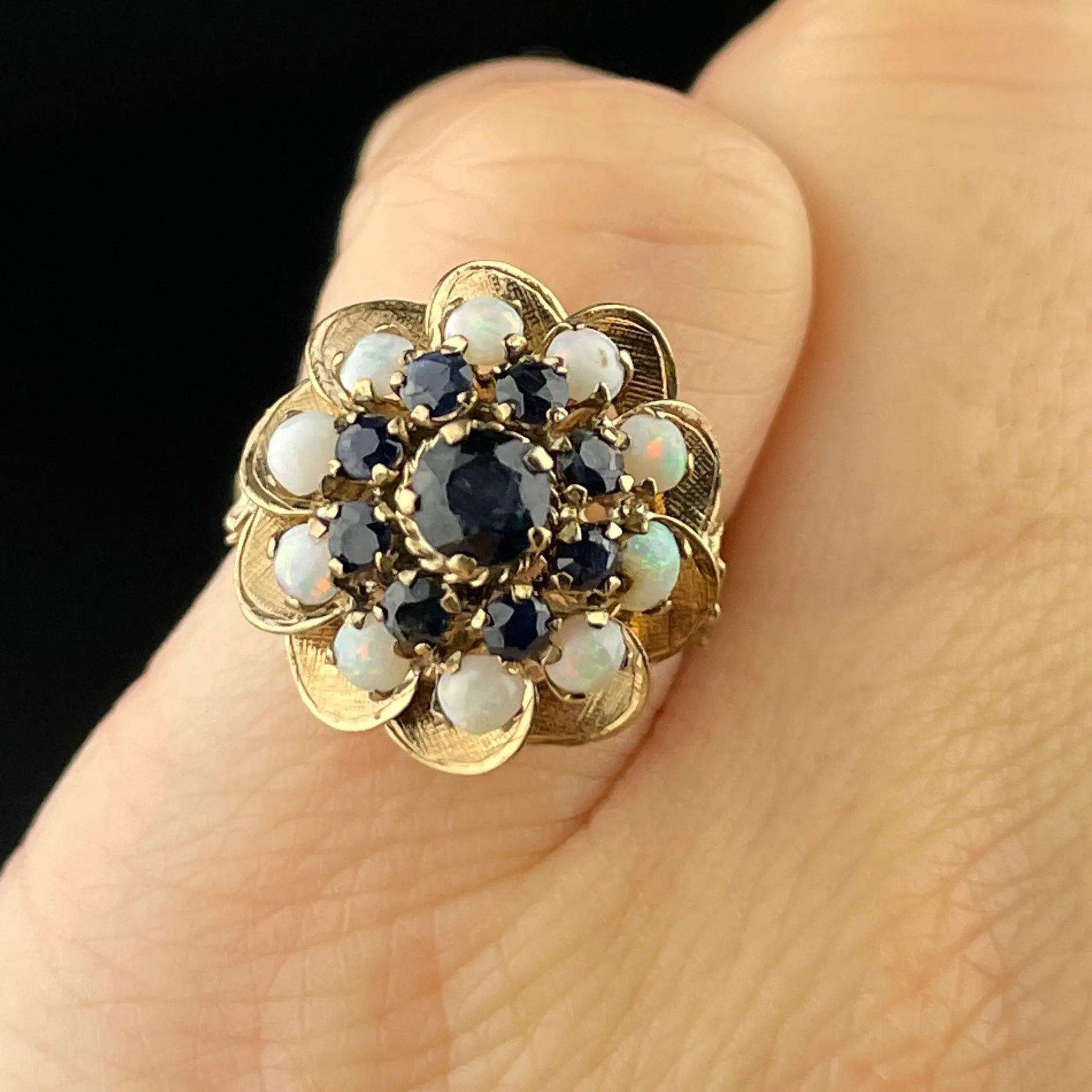 Vintage 14K Gold Sapphire Opal Cluster Thai Princess Cocktail Ring, Sz 4 1/4