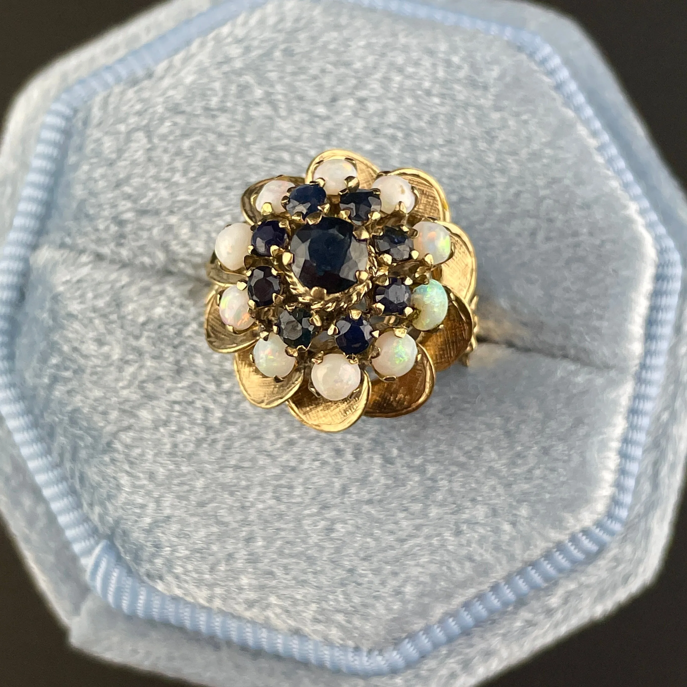 Vintage 14K Gold Sapphire Opal Cluster Thai Princess Cocktail Ring, Sz 4 1/4