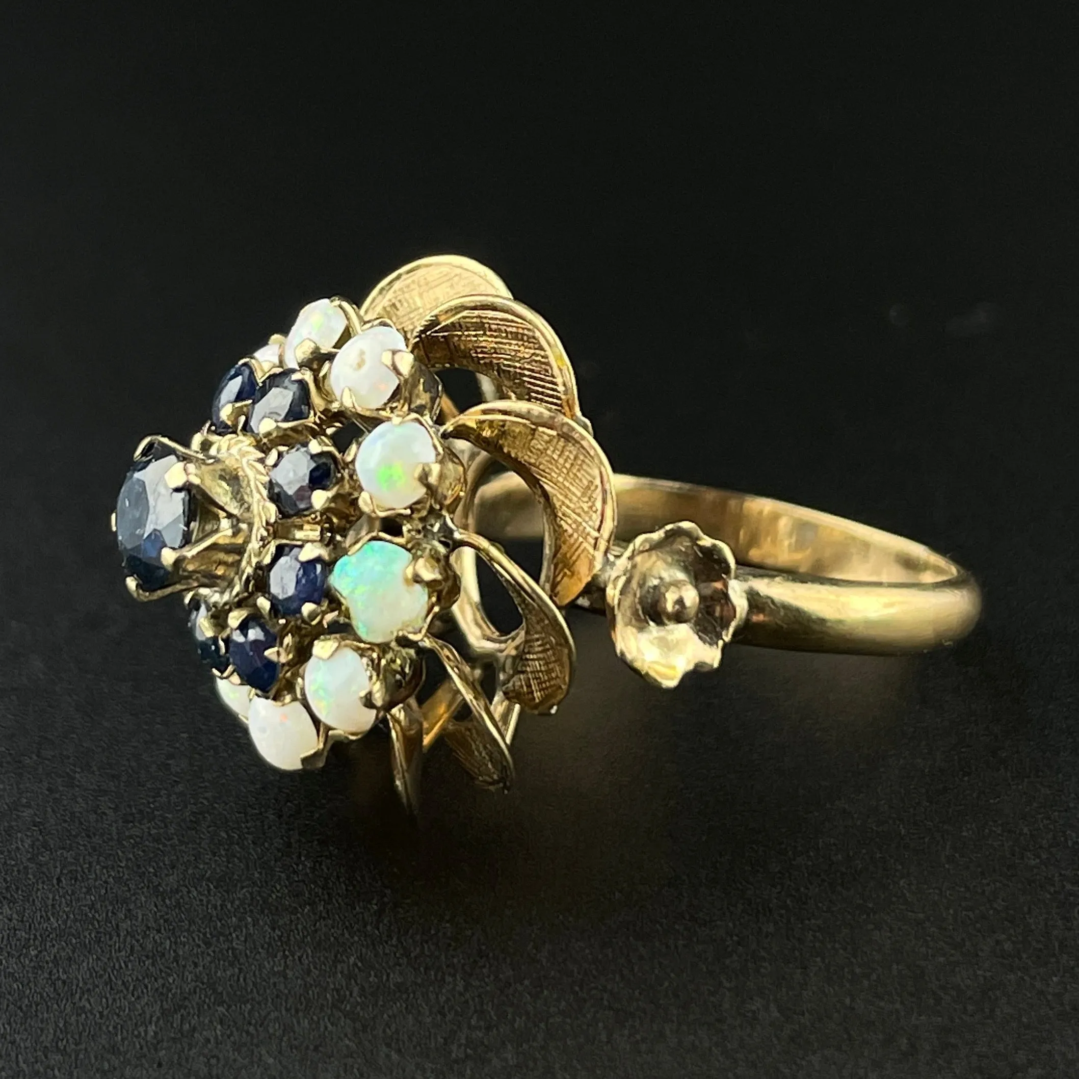 Vintage 14K Gold Sapphire Opal Cluster Thai Princess Cocktail Ring, Sz 4 1/4