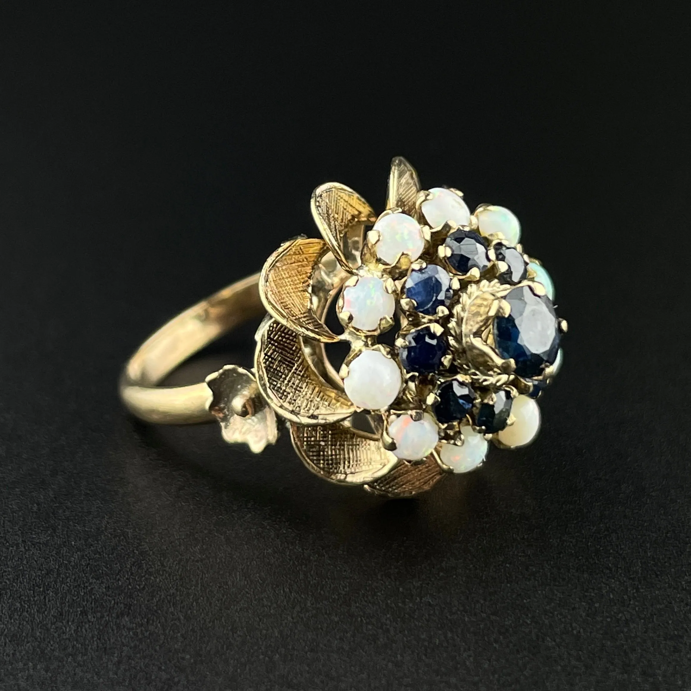 Vintage 14K Gold Sapphire Opal Cluster Thai Princess Cocktail Ring, Sz 4 1/4