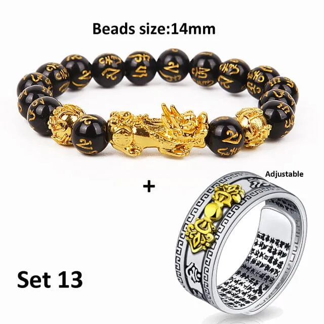 Wealth and Lucky Adjustable Ring and Beaded Bracelet