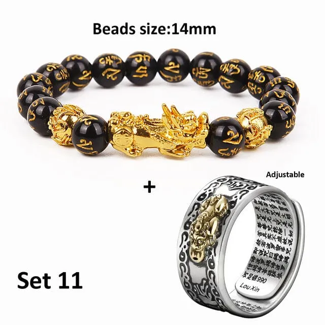 Wealth and Lucky Adjustable Ring and Beaded Bracelet