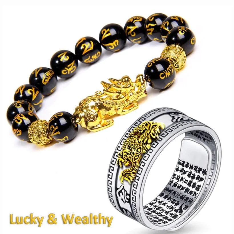 Wealth and Lucky Adjustable Ring and Beaded Bracelet