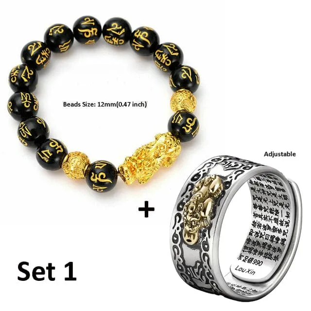 Wealth and Lucky Adjustable Ring and Beaded Bracelet