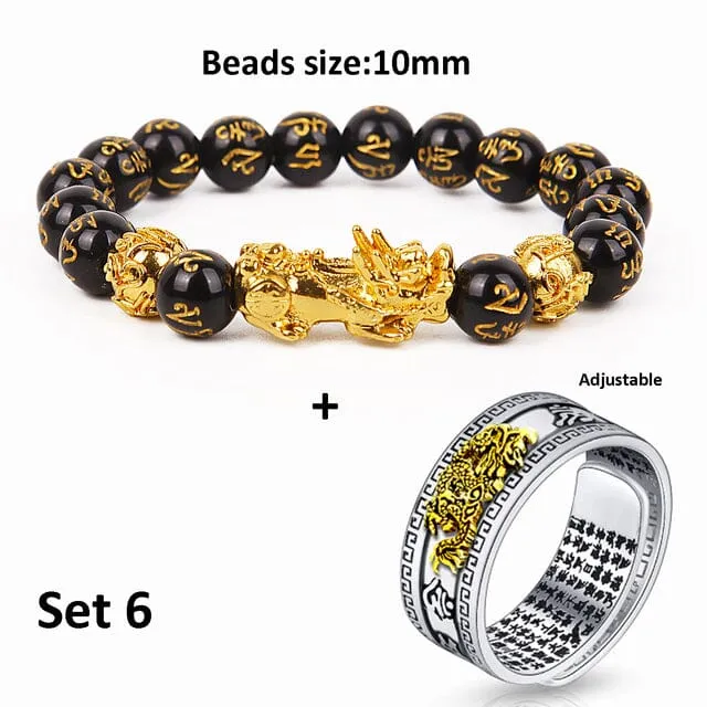 Wealth and Lucky Adjustable Ring and Beaded Bracelet