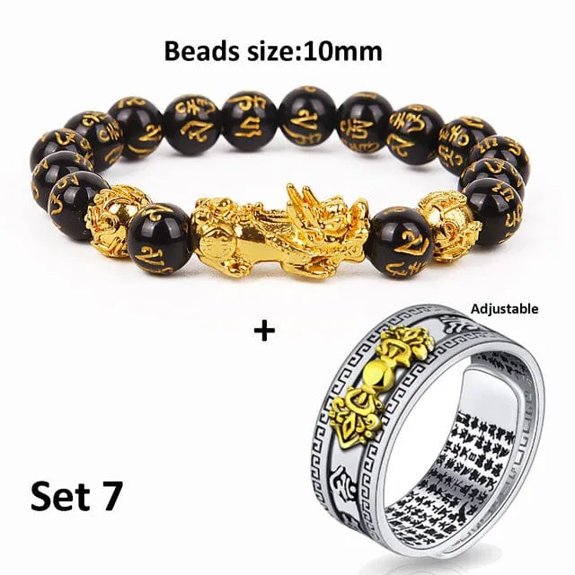 Wealth and Lucky Adjustable Ring and Beaded Bracelet