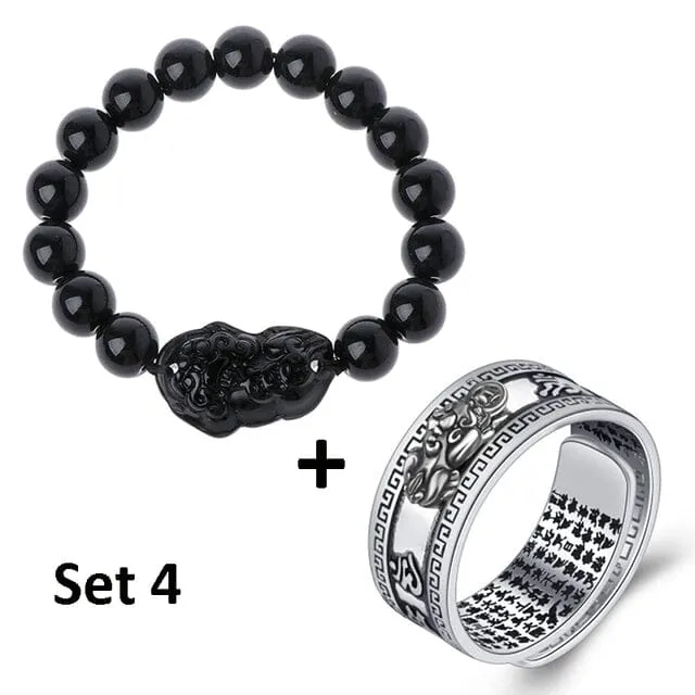 Wealth and Lucky Adjustable Ring and Beaded Bracelet