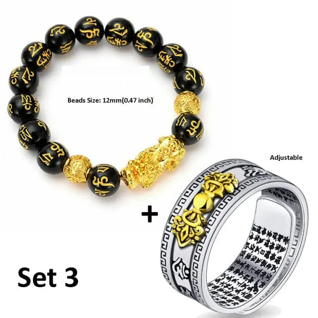 Wealth and Lucky Adjustable Ring and Beaded Bracelet