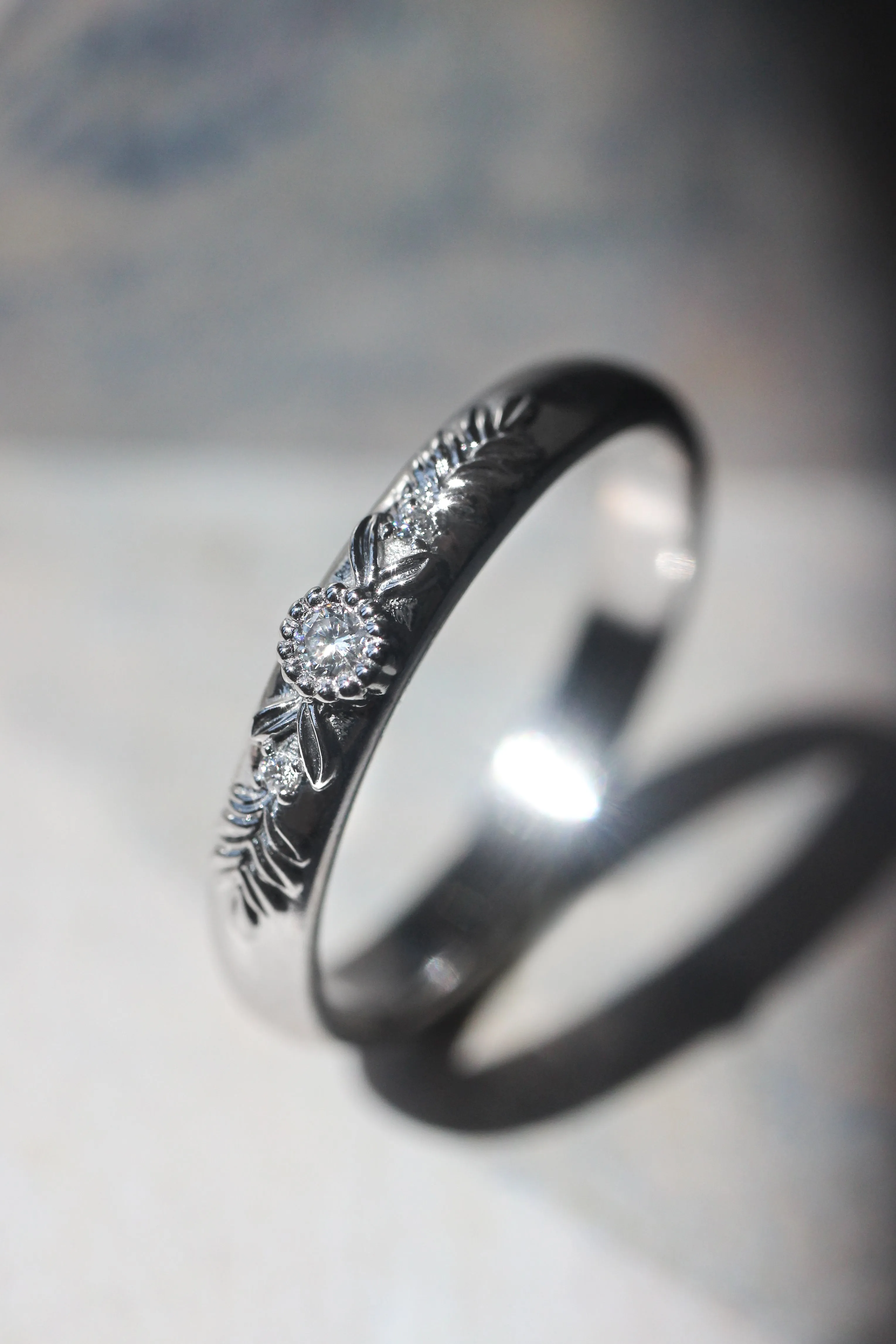 Wedding bands set: diamond wreath ring for her, satin band for him