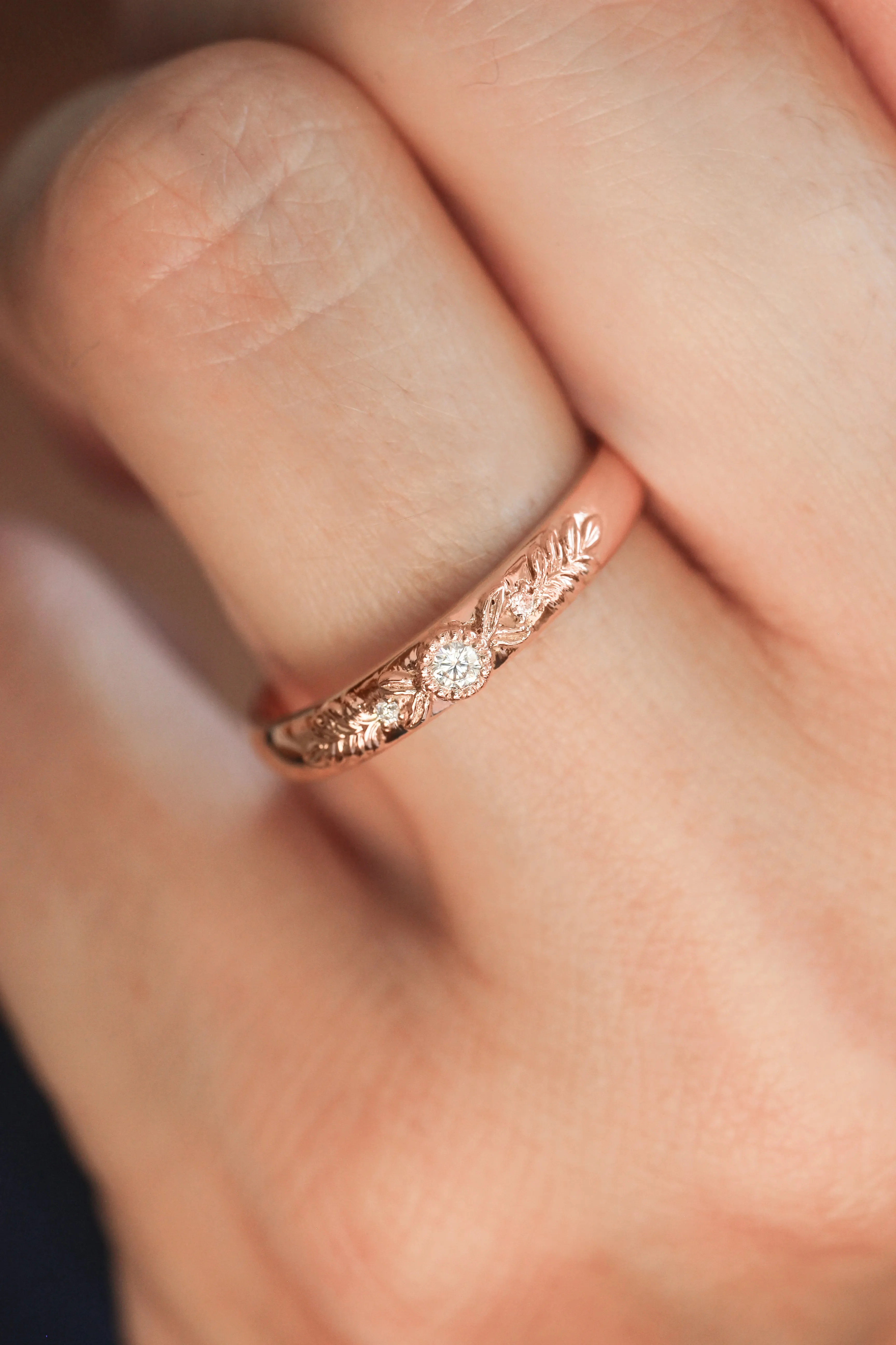 Wedding bands set: diamond wreath ring for her, satin band for him