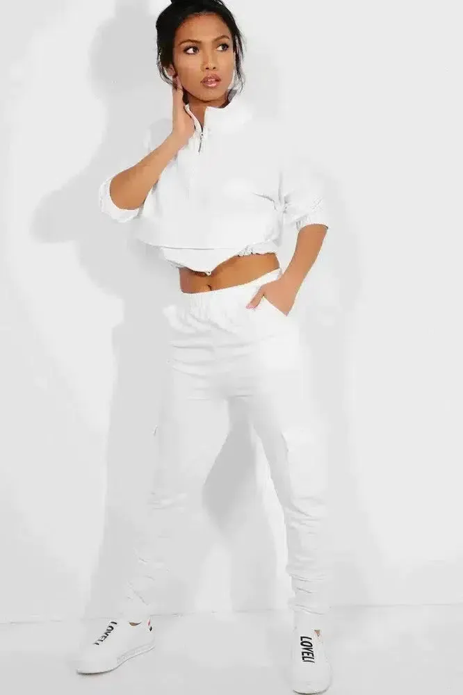 White Drawstring Top Cargo Two Piece Tracksuit