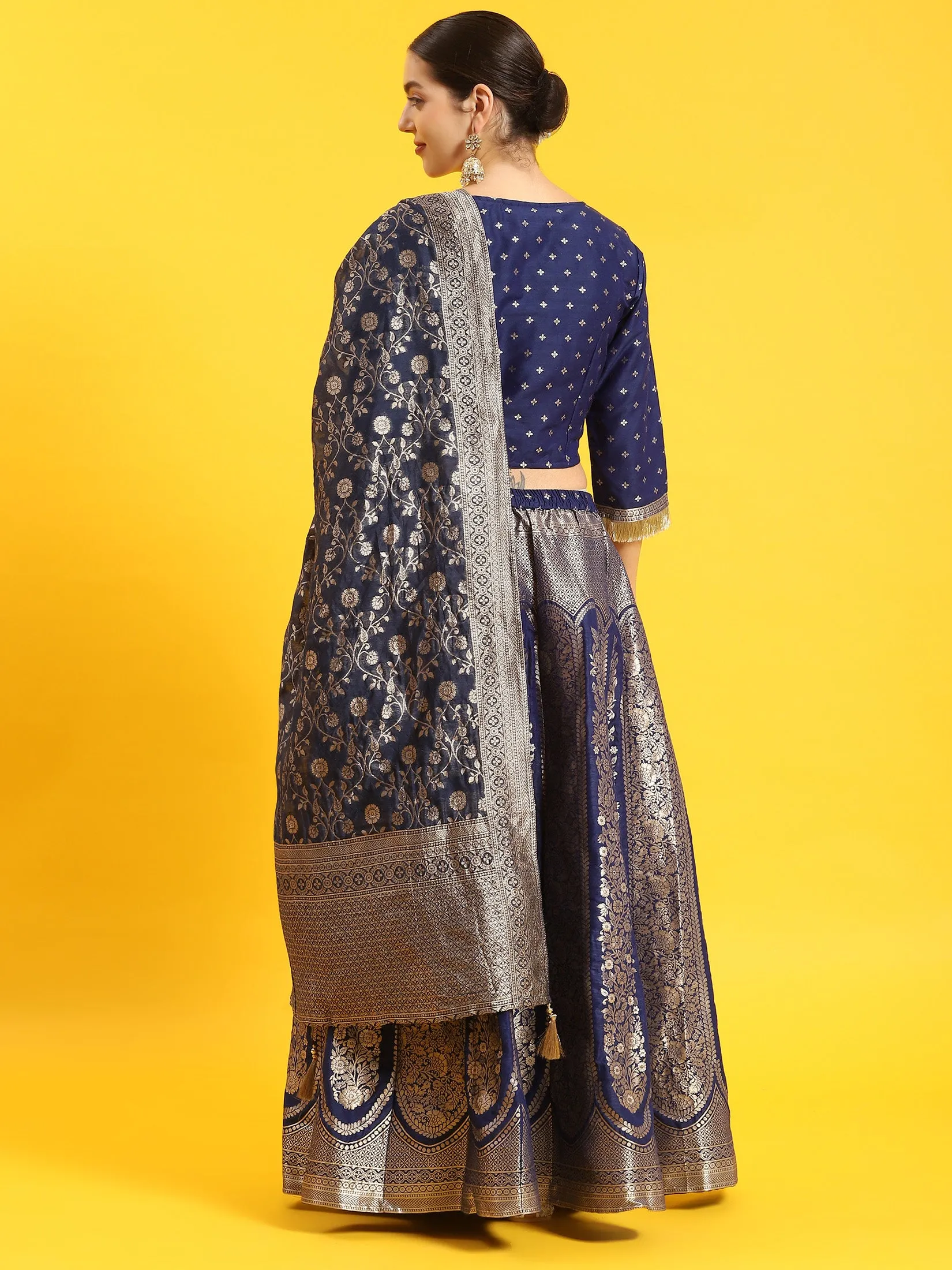 Women Blue Embroidered Top Skirt Dupatta