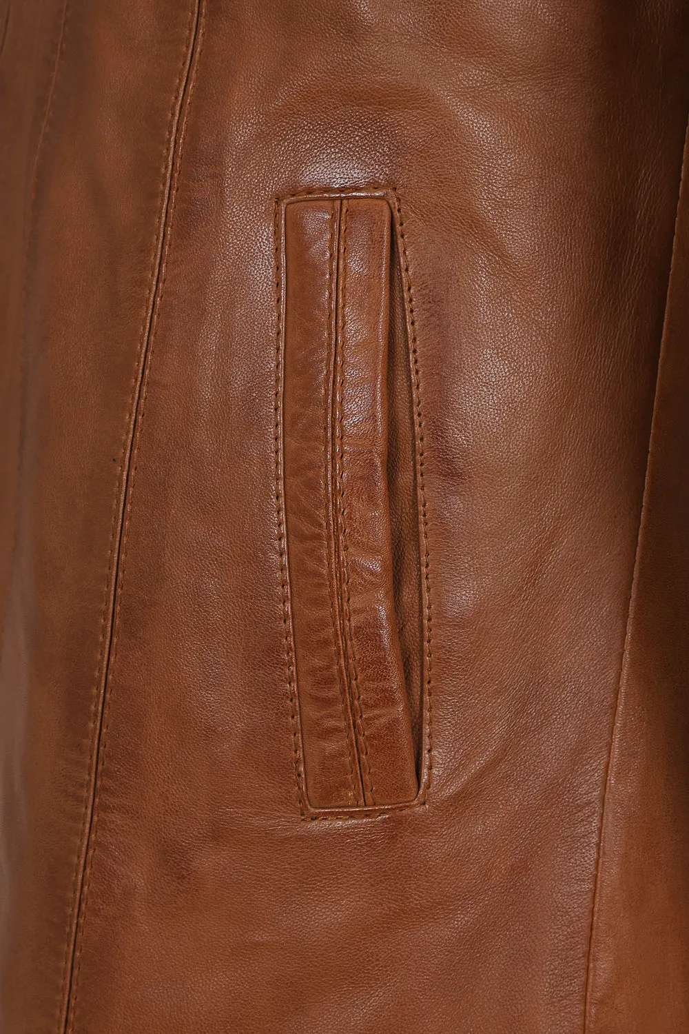 Women's Quality Tan Leather Hip Length Coat with Fur Trimmed Detachable Hood - 'CARLA'