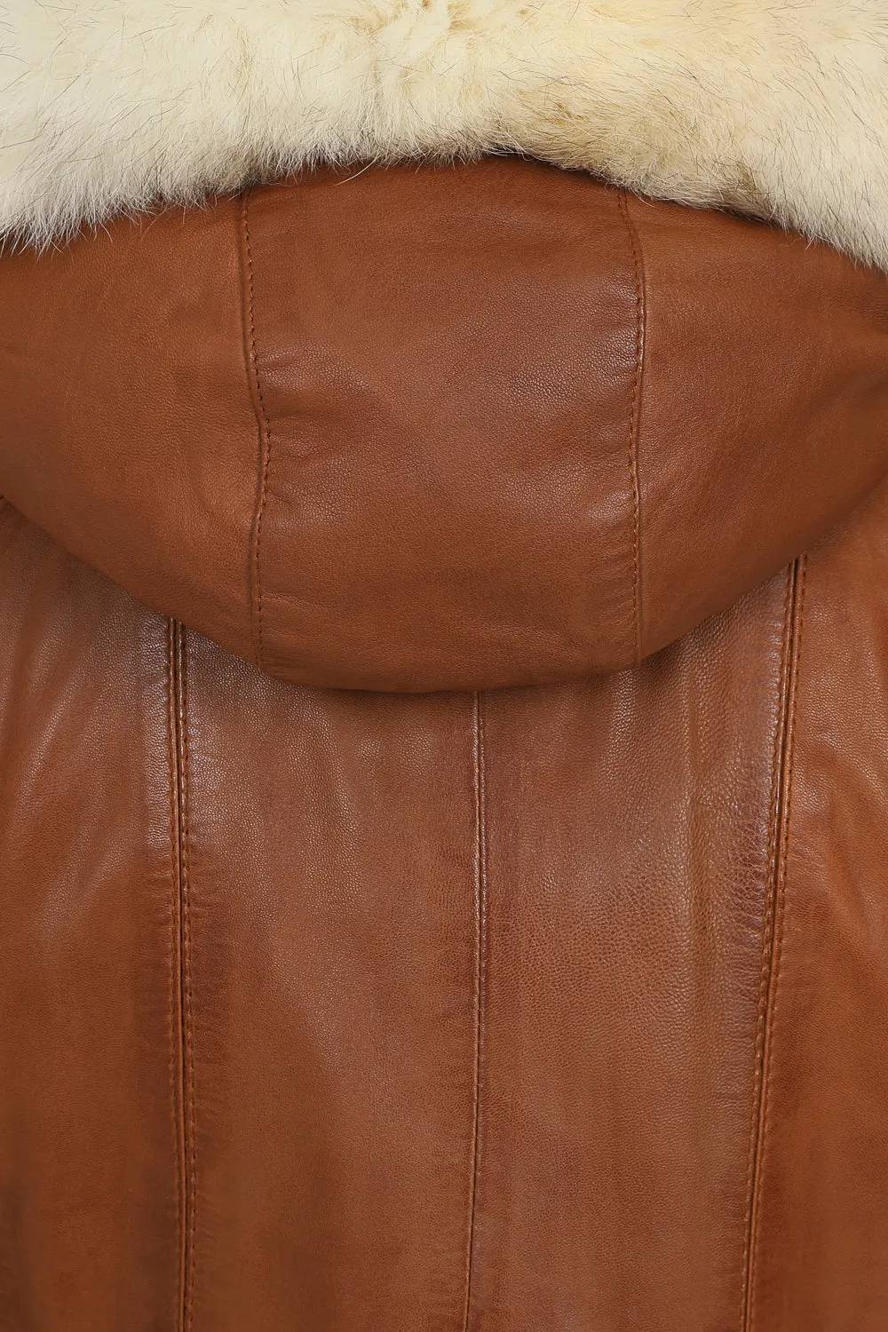 Women's Quality Tan Leather Hip Length Coat with Fur Trimmed Detachable Hood - 'CARLA'