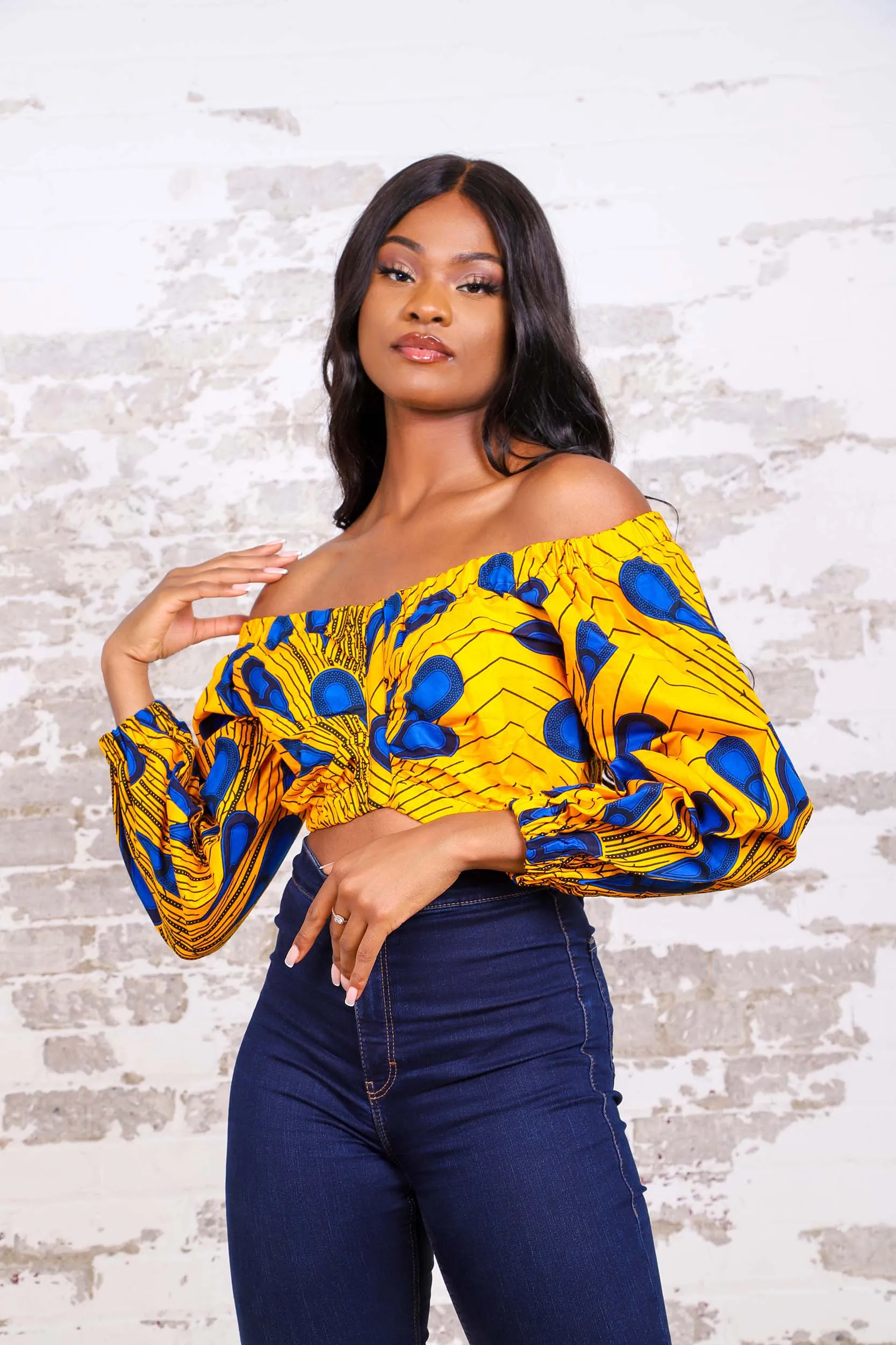 YELLOW BULB AFRICAN PRINT PUFFY SLEEVE WOMEN'S CROP TOP